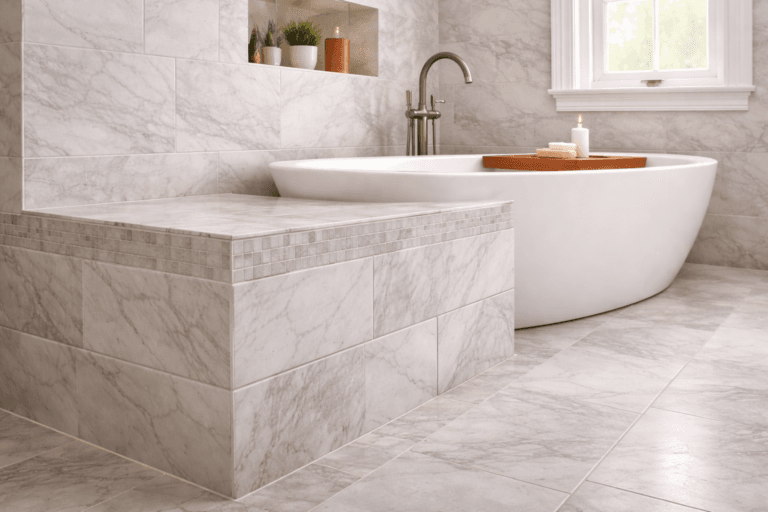 Elegant marble bathroom with freestanding tub