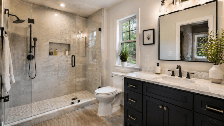 Shower remodel Lexington, KY walk in glass tile modern bathroom